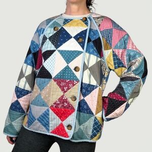DOEN Sedona Quilted Patchwork Jacket Blue Geometric Print Organic Cotton Quilt